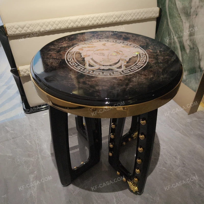 Round Luxury Side Table with Natural Wood Veneer Top, Decorative Inlay Medallion, Gold-Finish Stainless Steel Trim and Sculptural Studded Base